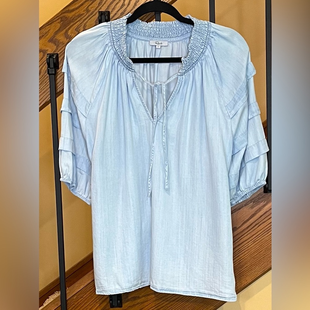 Rails blouse balloon short sleeve smocked neckline Paris Light Vintage SZ. Lg